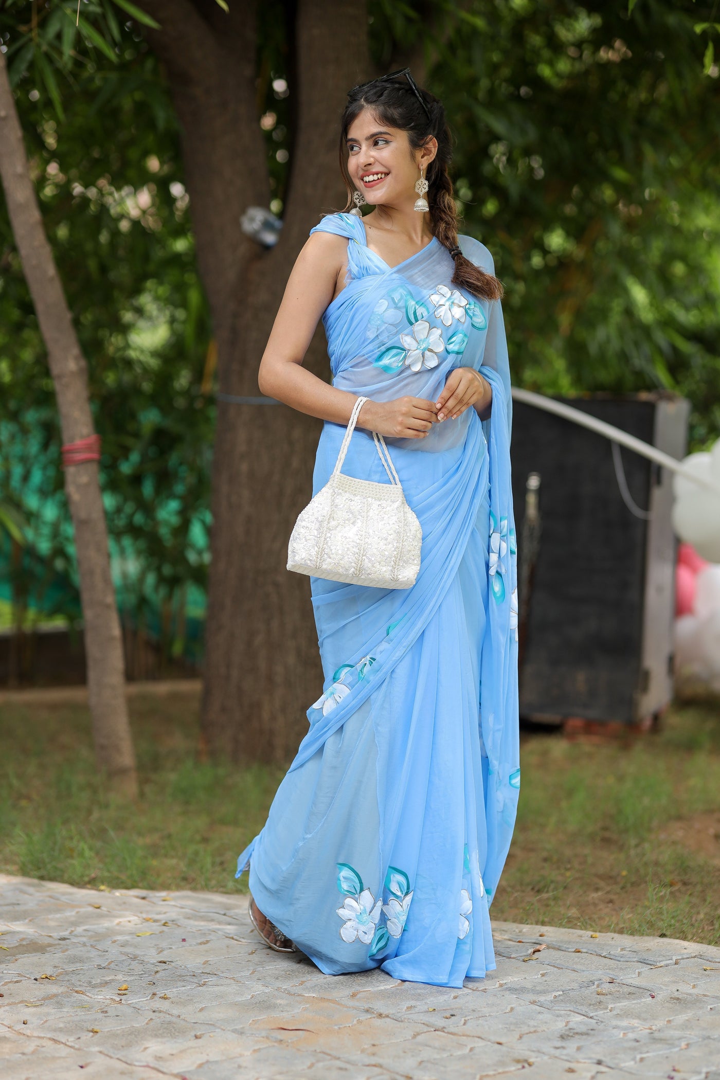 Sky Blue Georgette Saree with Hand-Painted White Floral Motifs – Attached Blouse – 5.5 Meters