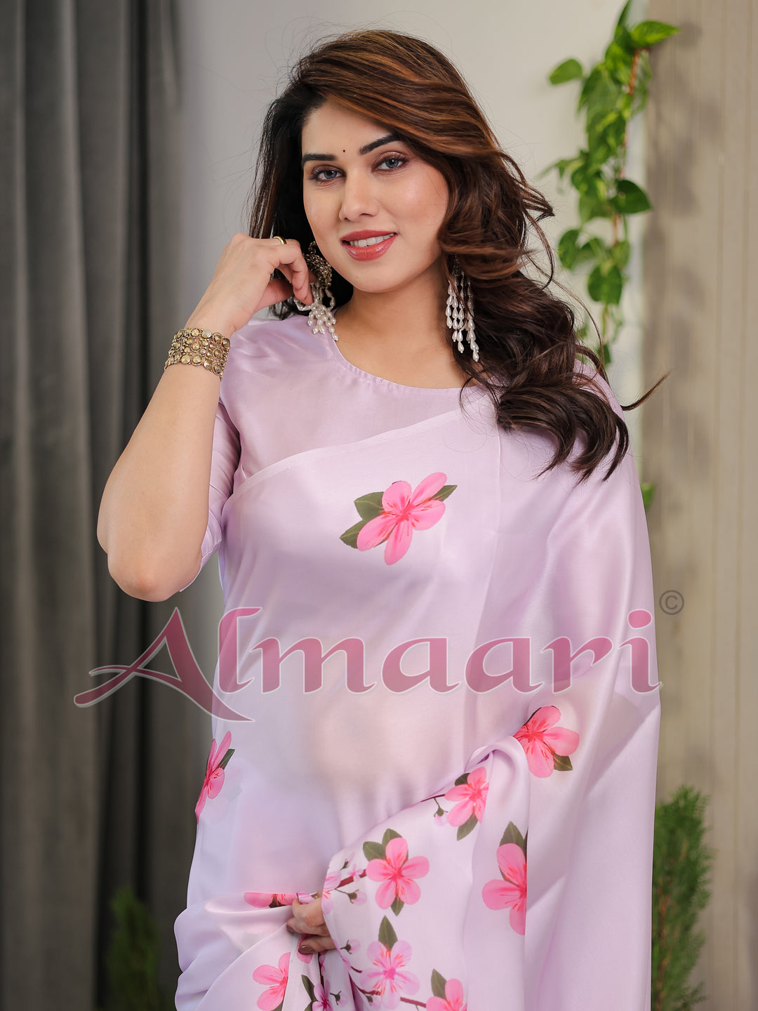Blush Pink Satin Georgette Floral Printed Saree with Attached Blouse – Soft Cherry Blossom Designer Drape