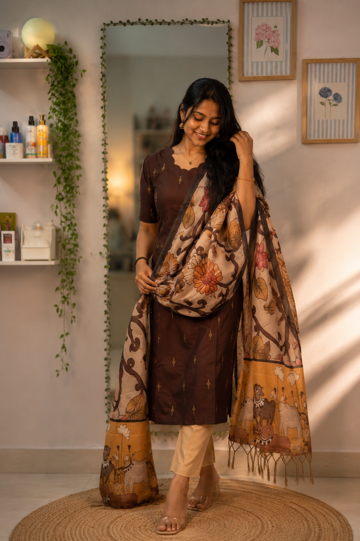Chocolate Brown Chanderi Kurti Set with Beige Pants & Kalamkari Print Malai Silk Dupatta