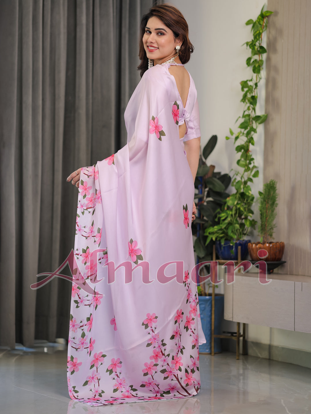 Blush Pink Satin Georgette Floral Printed Saree with Attached Blouse – Soft Cherry Blossom Designer Drape