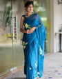 Teal Blue Georgette Saree with Hand-Painted Yellow & White Floral Motifs – Attached Blouse – 5.5 Meters