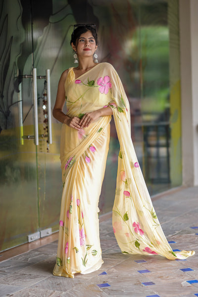 Butter Yellow Georgette Saree with Hand-Painted Pink Floral Vines – Attached Blouse – 5.5 Meters
