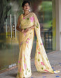Butter Yellow Georgette Saree with Hand-Painted Pink Floral Vines – Attached Blouse – 5.5 Meters