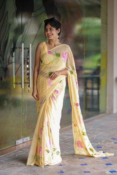Butter Yellow Georgette Saree with Hand-Painted Pink Floral Vines – Attached Blouse – 5.5 Meters