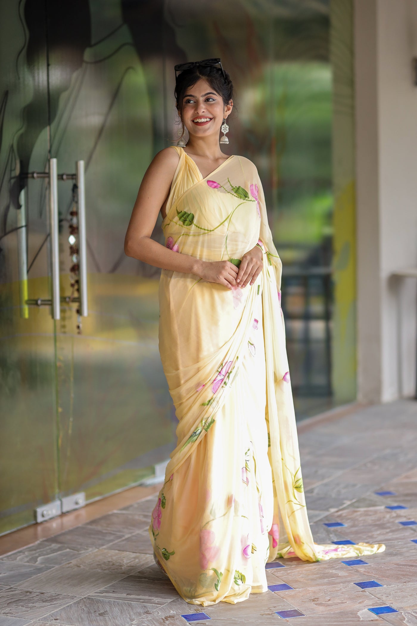 Butter Yellow Georgette Saree with Hand-Painted Pink Floral Vines – Attached Blouse – 5.5 Meters