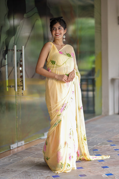 Butter Yellow Georgette Saree with Hand-Painted Pink Floral Vines – Attached Blouse – 5.5 Meters