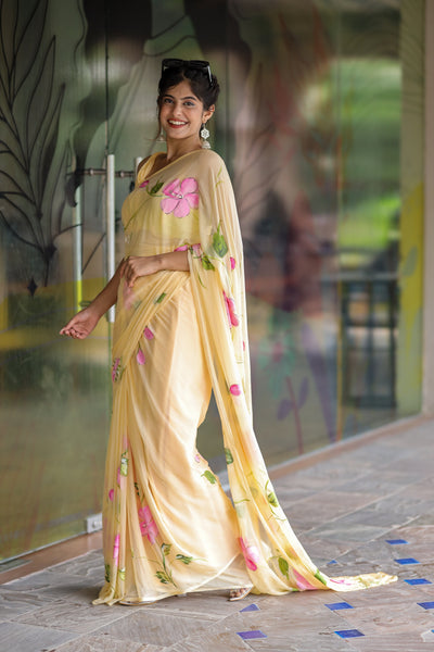 Butter Yellow Georgette Saree with Hand-Painted Pink Floral Vines – Attached Blouse – 5.5 Meters