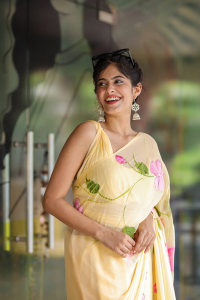 Butter Yellow Georgette Saree with Hand-Painted Pink Floral Vines – Attached Blouse – 5.5 Meters