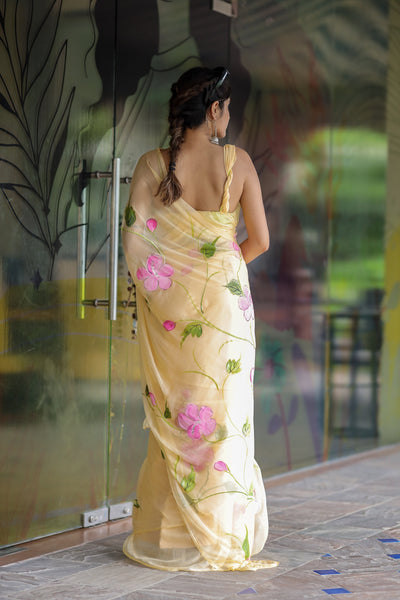 Butter Yellow Georgette Saree with Hand-Painted Pink Floral Vines – Attached Blouse – 5.5 Meters