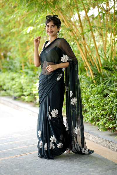 Black Georgette Saree with Hand-Painted White Florals – Attached Blouse – 5.5 Meters