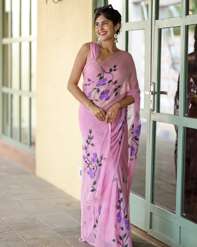 Lavender Pink Georgette Saree with Hand-Painted Purple Flowers – 5.5 Meters with Attached Blouse