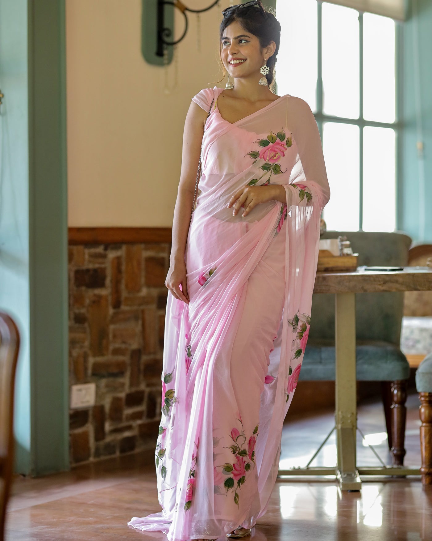 Baby Pink Pure Georgette Saree with Hand-Painted Pink Roses & Green Leaves – 5.5 Meters with Blouse Piece