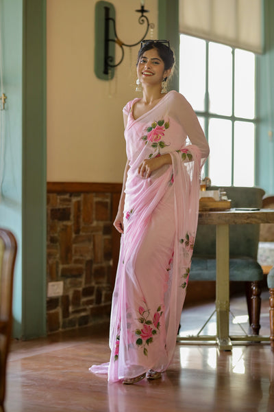Baby Pink Pure Georgette Saree with Hand-Painted Pink Roses & Green Leaves – 5.5 Meters with Blouse Piece