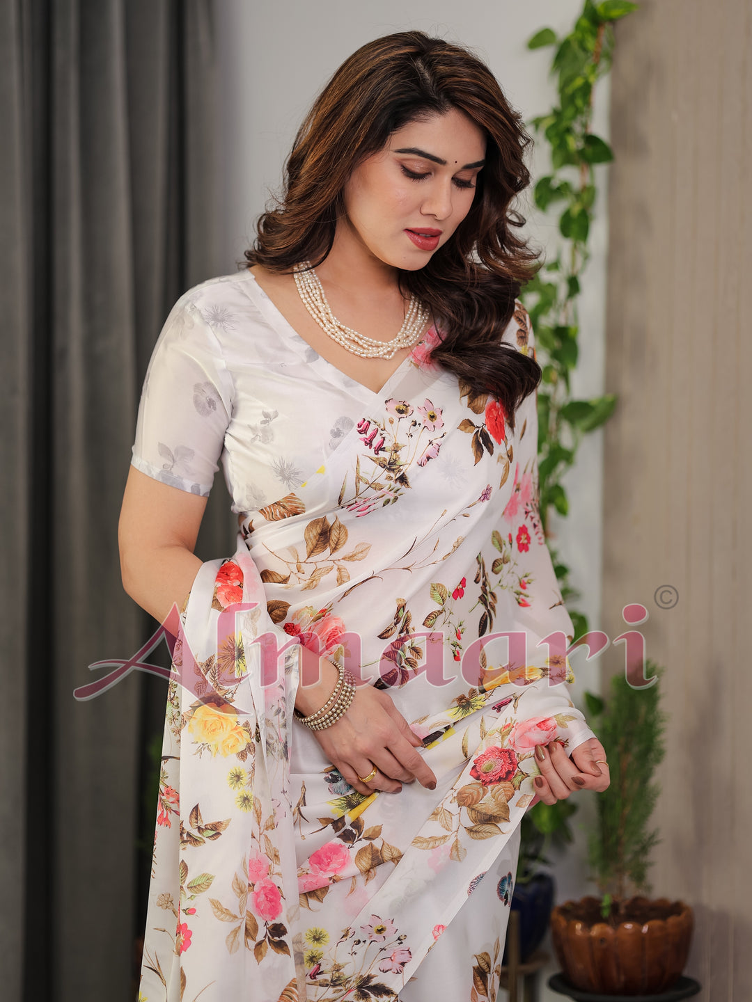 Ivory White Satin Georgette Floral Printed Saree with Multicolor Botanical Design & Attached Blouse – Soft Elegant Designer Drape