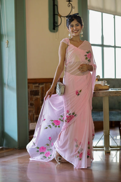Baby Pink Pure Georgette Saree with Hand-Painted Pink Roses & Green Leaves – 5.5 Meters with Blouse Piece
