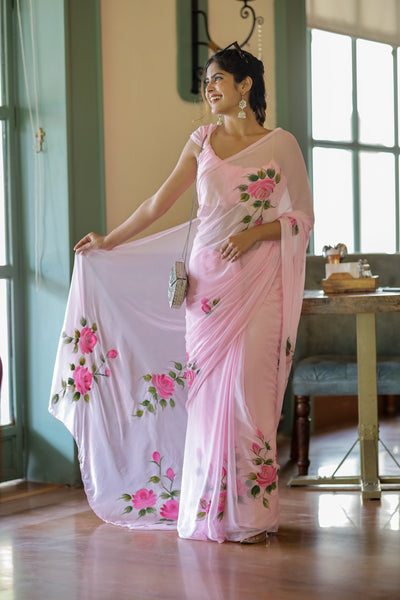 Baby Pink Pure Georgette Saree with Hand-Painted Pink Roses & Green Leaves – 5.5 Meters with Blouse Piece