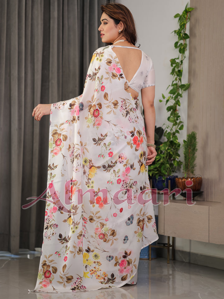 Ivory White Satin Georgette Floral Printed Saree with Multicolor Botanical Design & Attached Blouse – Soft Elegant Designer Drape
