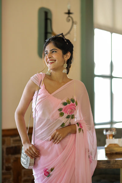 Baby Pink Pure Georgette Saree with Hand-Painted Pink Roses & Green Leaves – 5.5 Meters with Blouse Piece