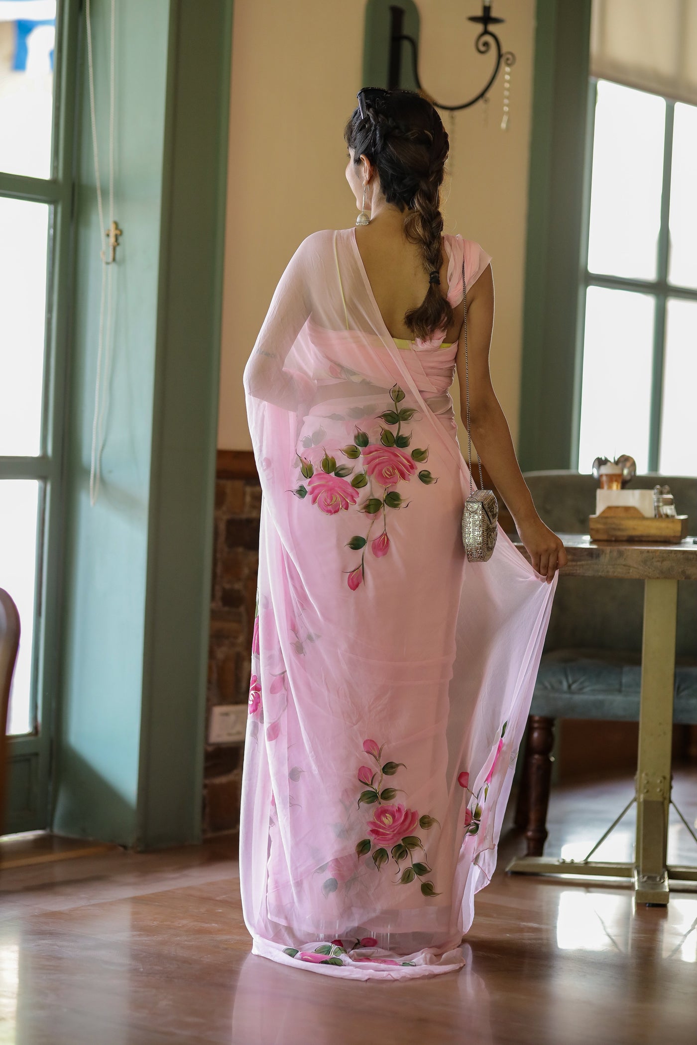 Baby Pink Pure Georgette Saree with Hand-Painted Pink Roses & Green Leaves – 5.5 Meters with Blouse Piece