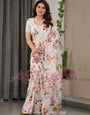 Ivory White Satin Georgette Floral Printed Saree with Multicolor Botanical Design & Attached Blouse – Soft Elegant Designer Drape