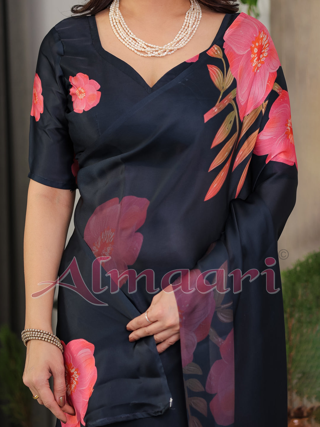 Midnight Navy Blue Satin Georgette Floral Printed Saree with Attached Blouse – Elegant Rose Bloom Designer Drape