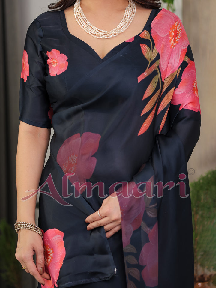 Midnight Navy Blue Satin Georgette Floral Printed Saree with Attached Blouse – Elegant Rose Bloom Designer Drape