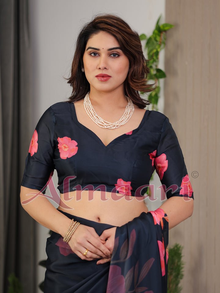 Midnight Navy Blue Satin Georgette Floral Printed Saree with Attached Blouse – Elegant Rose Bloom Designer Drape