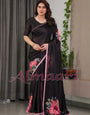 Black Satin Georgette Floral Printed Saree with Soft Pink Border & Attached Blouse – Elegant Designer Partywear Drape