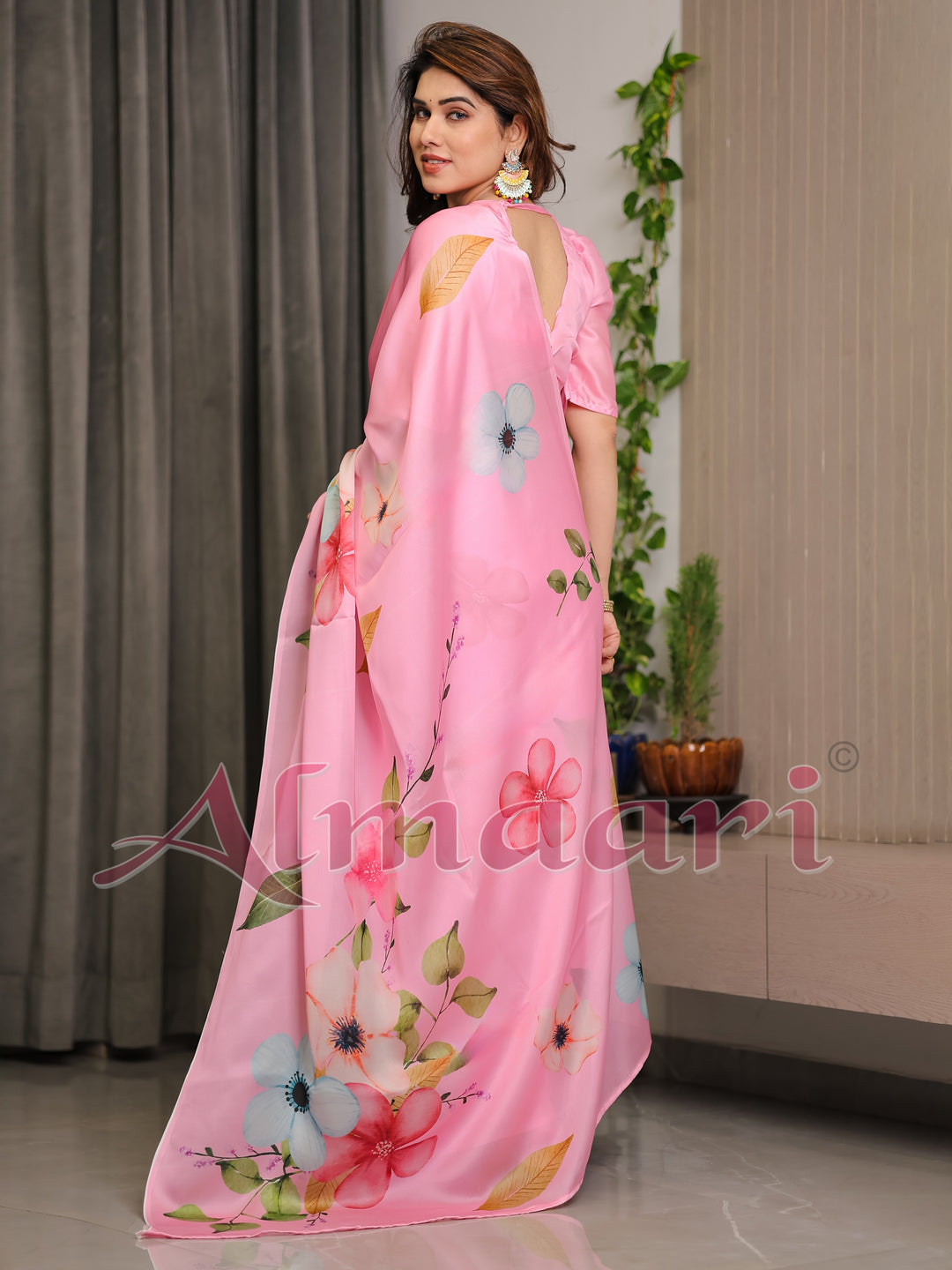 Blush Pink Satin Georgette Floral Printed Saree with Attached Blouse – Soft Pastel Bloom Designer Drape