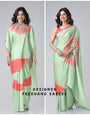 Mint Green & Coral Designer Freehand Printed Saree in Georgette Satin – Ready to Wear with Abstract Peacock Motif