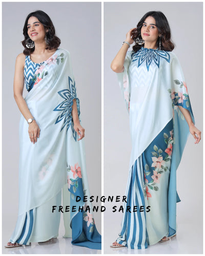 Icy Blue Designer Freehand Saree with Navy Starburst & Floral Print in Georgette Satin – Ready to Wear
