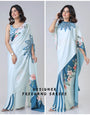 Icy Blue Designer Freehand Saree with Navy Starburst & Floral Print in Georgette Satin – Ready to Wear