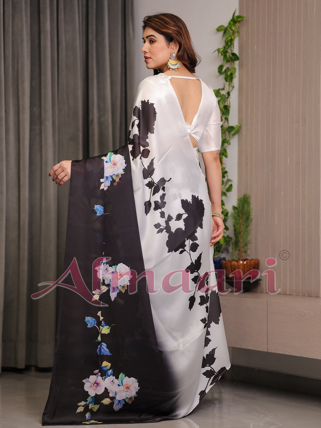 Ivory White & Black Satin Georgette Floral Printed Saree with Attached Blouse – Elegant Contrast Bloom Designer Drape