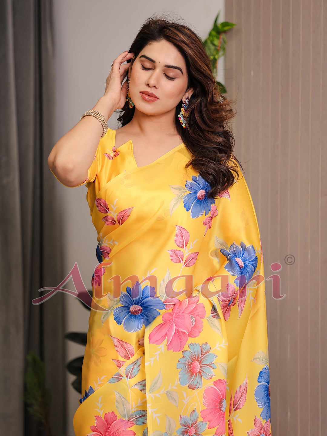 Mustard Yellow Satin Georgette Floral Printed Saree with Attached Blouse – Vibrant Garden Bloom Designer Drape