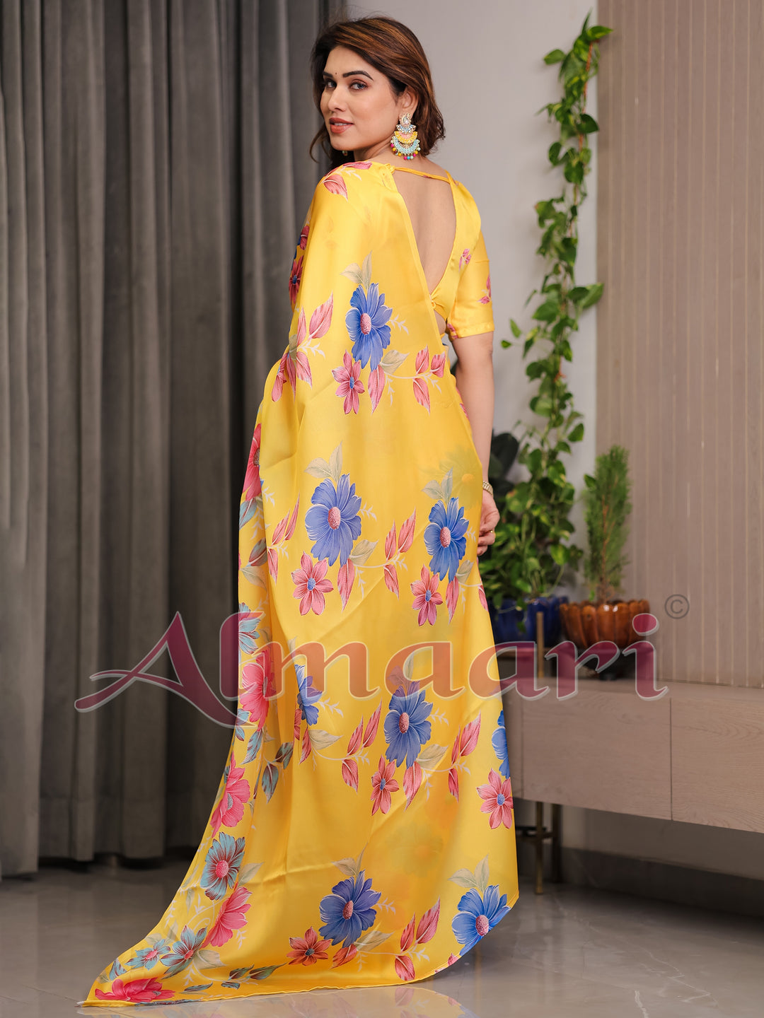 Mustard Yellow Satin Georgette Floral Printed Saree with Attached Blouse – Vibrant Garden Bloom Designer Drape