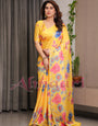 Mustard Yellow Satin Georgette Floral Printed Saree with Attached Blouse – Vibrant Garden Bloom Designer Drape