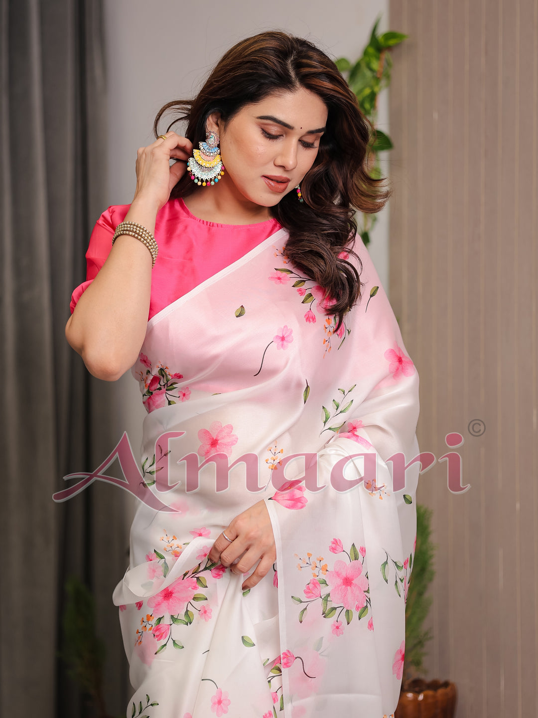 Ivory White Satin Georgette Floral Printed Saree with Pink Blouse – Soft Blossom Designer Drape