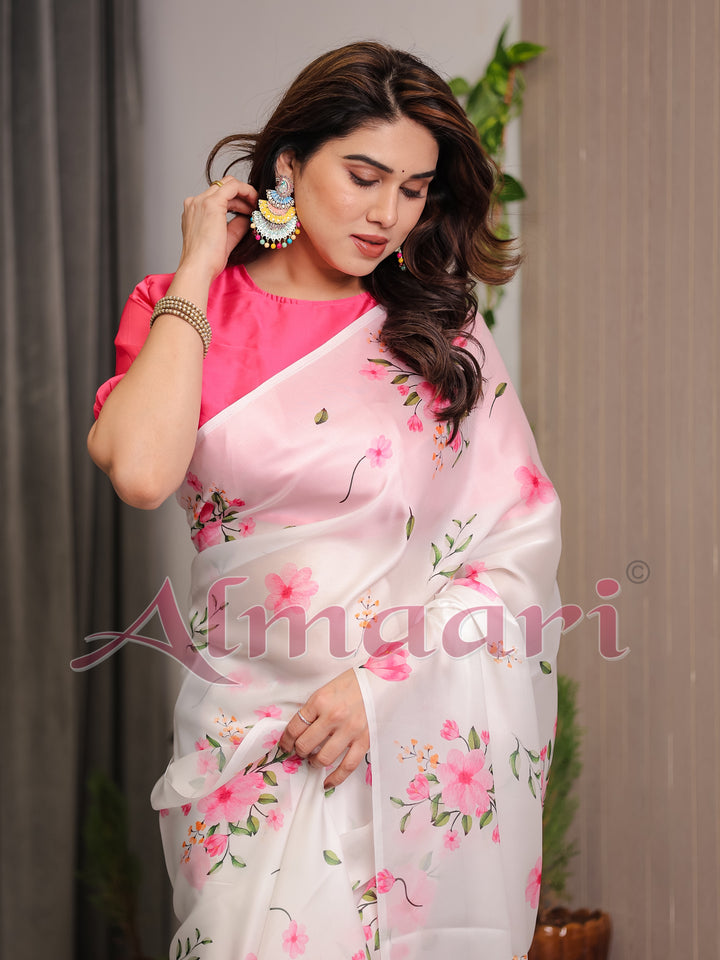 Ivory White Satin Georgette Floral Printed Saree with Pink Blouse – Soft Blossom Designer Drape