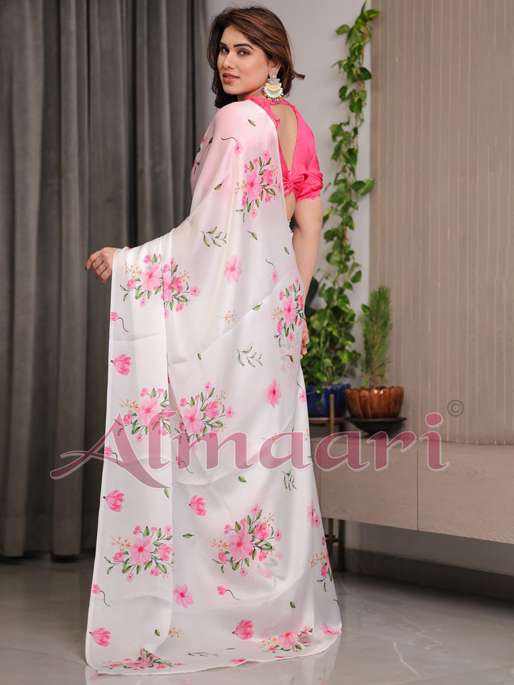 Ivory White Satin Georgette Floral Printed Saree with Pink Blouse – Soft Blossom Designer Drape