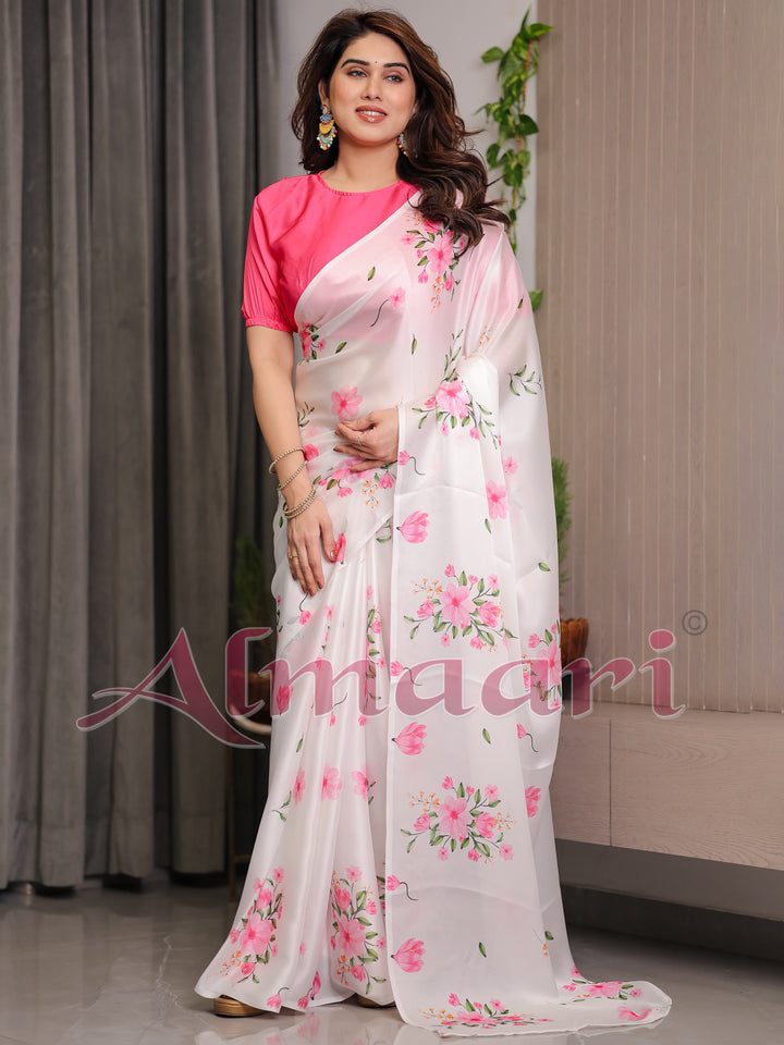 Ivory White Satin Georgette Floral Printed Saree with Pink Blouse – Soft Blossom Designer Drape
