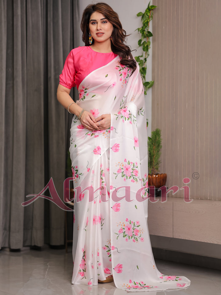 Ivory White Satin Georgette Floral Printed Saree with Pink Blouse – Soft Blossom Designer Drape