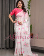 Ivory White Satin Georgette Floral Printed Saree with Pink Blouse – Soft Blossom Designer Drape