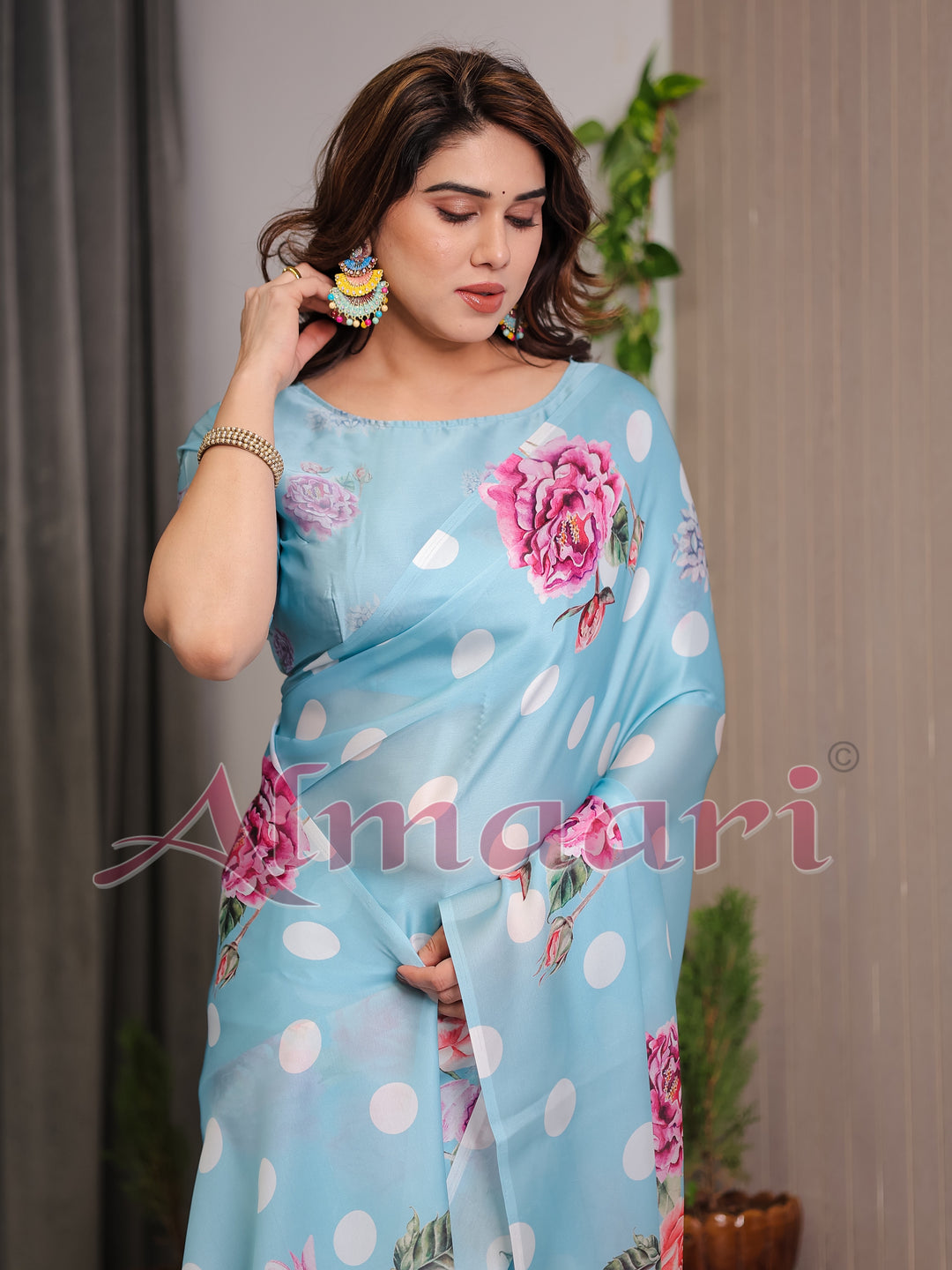 Sky Blue Satin Georgette Polka Dot & Floral Printed Saree with Attached Blouse – Chic Rose Bloom Designer Drape
