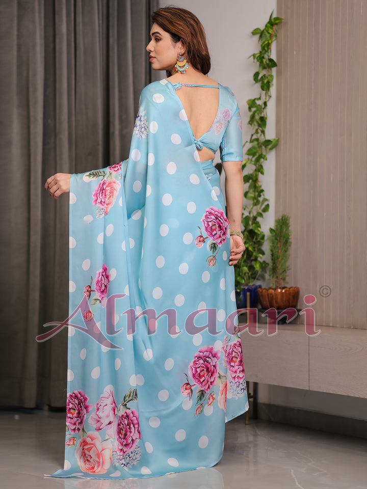 Sky Blue Satin Georgette Polka Dot & Floral Printed Saree with Attached Blouse – Chic Rose Bloom Designer Drape