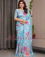 Sky Blue Satin Georgette Polka Dot & Floral Printed Saree with Attached Blouse – Chic Rose Bloom Designer Drape
