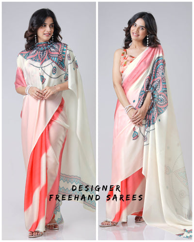 Coral Cream Mandala Print Freehand Saree – Handsfree Draping Elegance