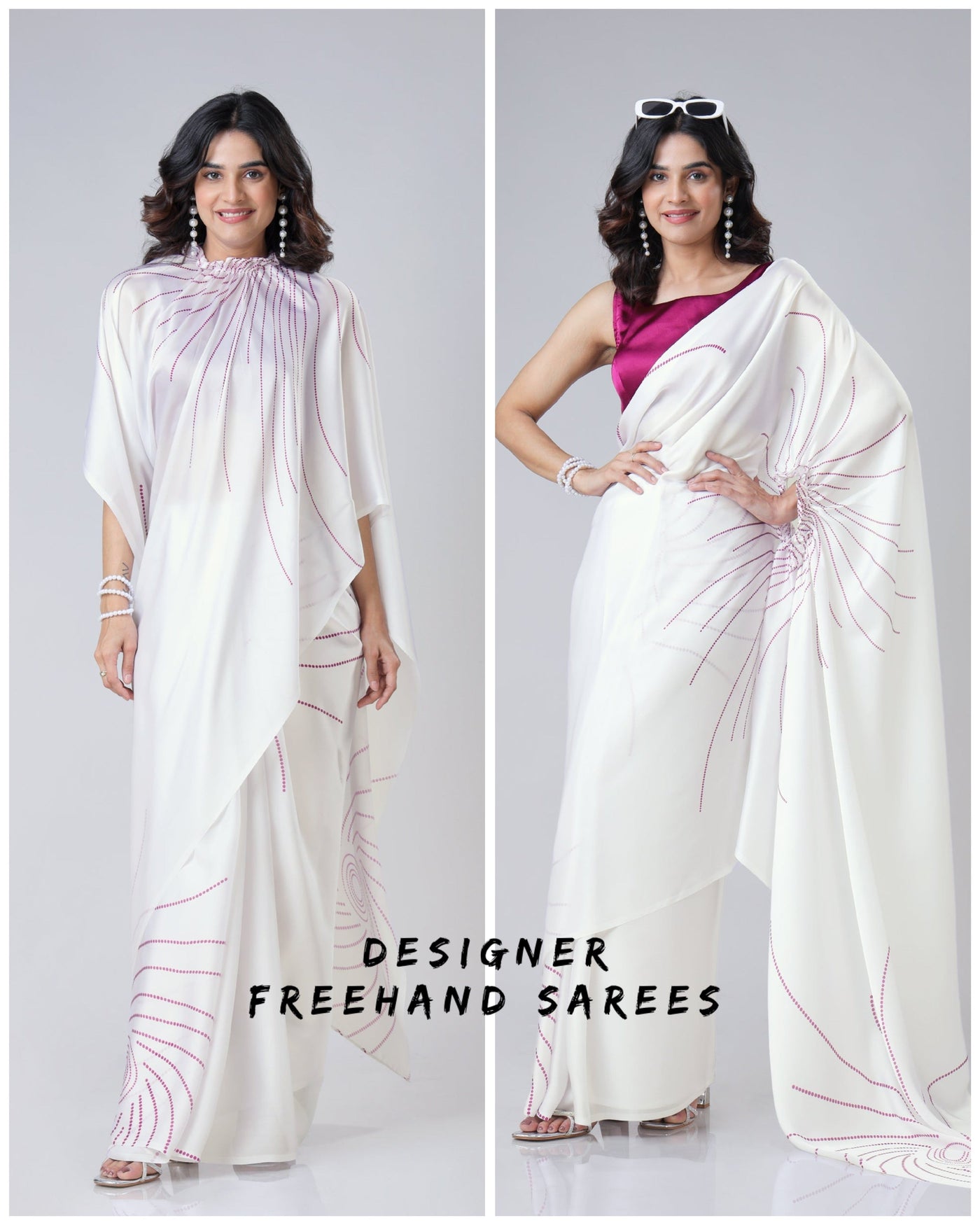 Ivory White Designer Freehand Saree with Maroon Abstract Lines – Handsfree Minimal Chic