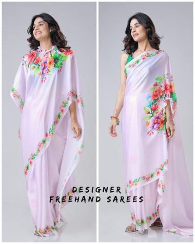 Lavender Bloom Floral Freehand Saree – Handsfree Elegance in Pastel Perfection