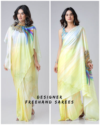 Lemon Yellow Rainbow Feather Freehand Saree – Modern Artistry with Handsfree Drape