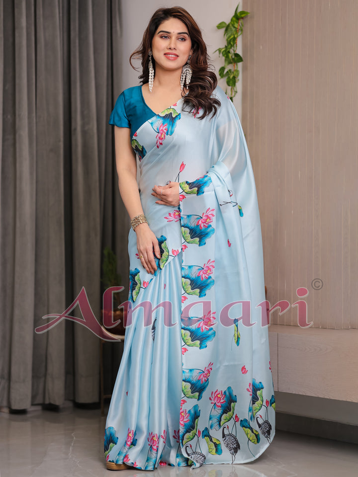 Sky Blue Satin Georgette Lotus & Crane Printed Saree with Attached Blouse – Serene Nature-Inspired Designer Drape